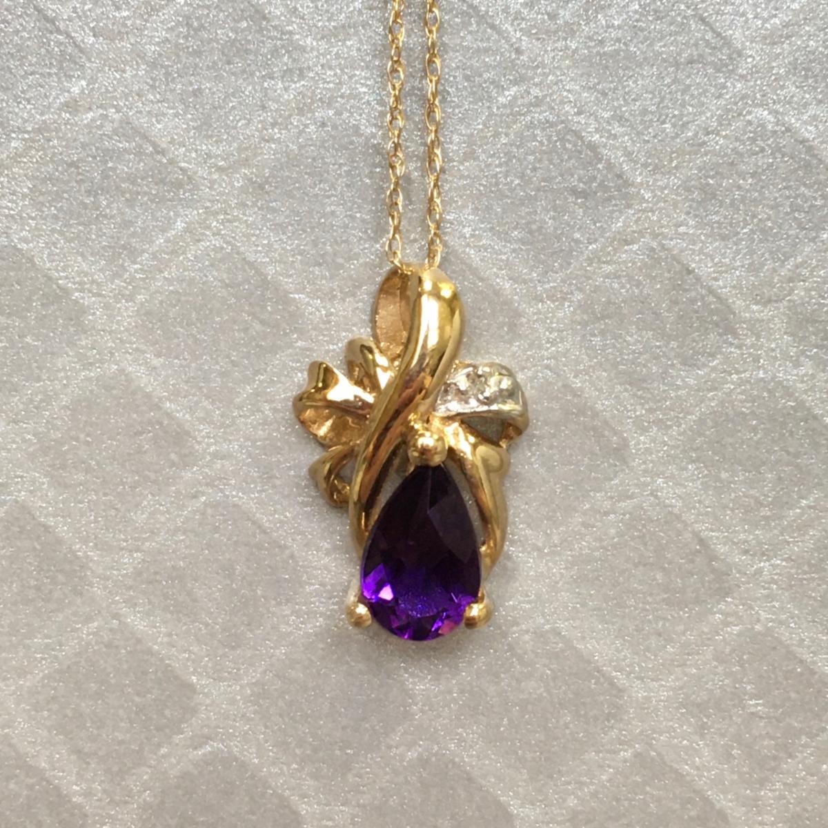 Preowned Yellow Gold Pear Shaped Amethyst and Diamond Pendant