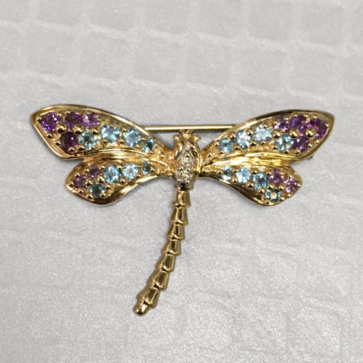 Preowned Yellow Gold Blue Topaz, Amethyst and Diamond Dragonfly Brooch