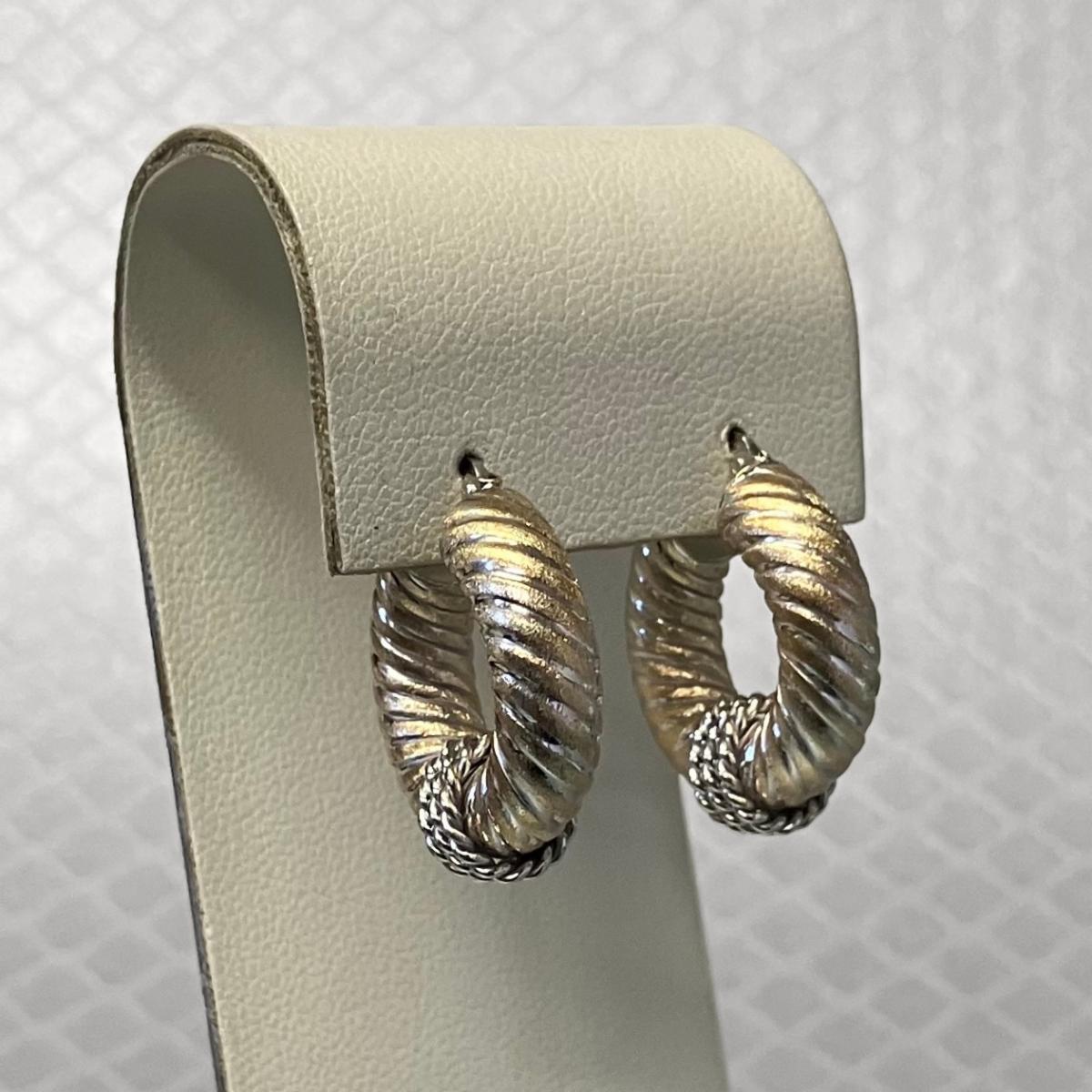 Preowned Yellow and White Gold Ribbed Hoop Earrings