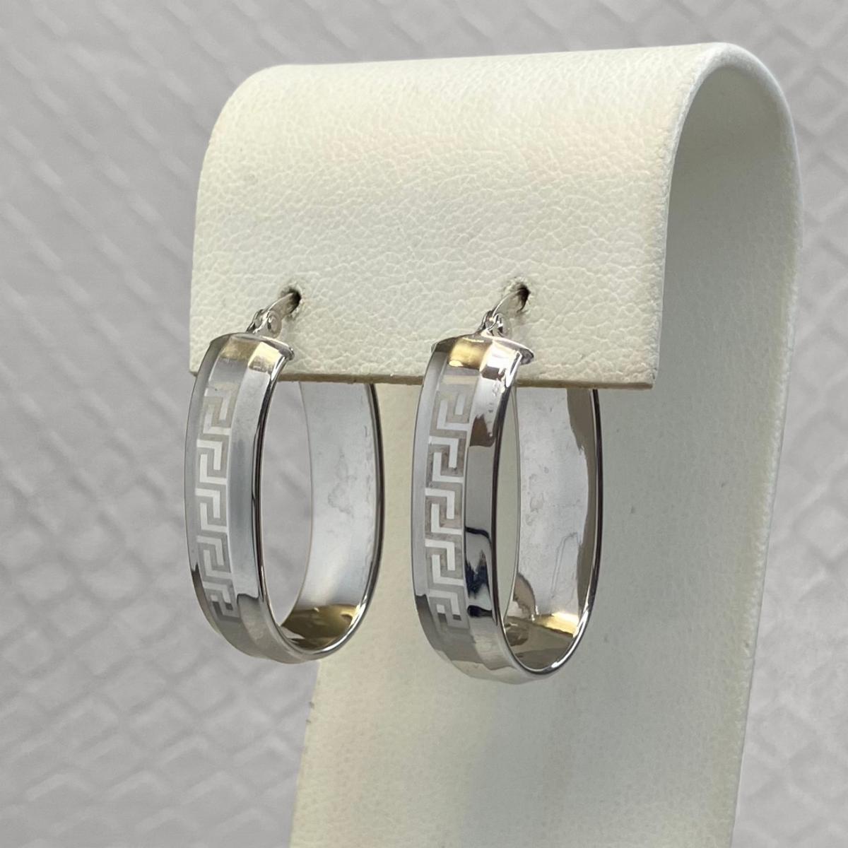 Preowned White Gold Greek Key Hoop Earrings