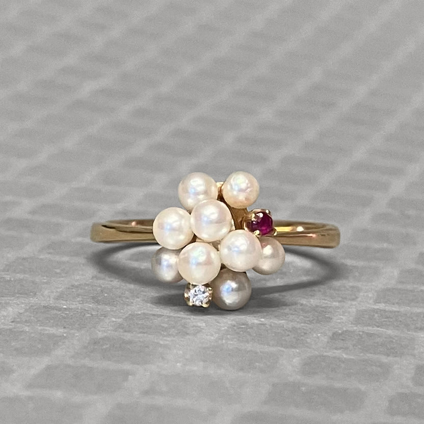 Preowned Yellow Gold Pearl, Ruby and Diamond Ring