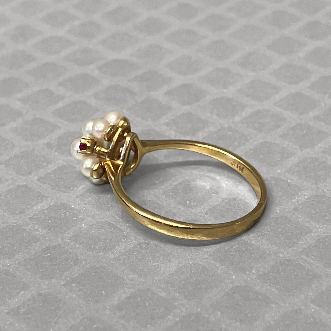 Preowned Yellow Gold Pearl, Ruby and Diamond Ring