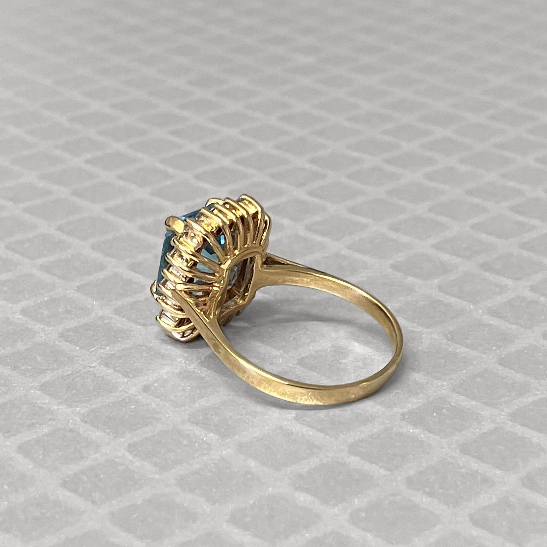 Preowned Yellow Gold Emerald Cut Blue Topaz and Diamond Ring