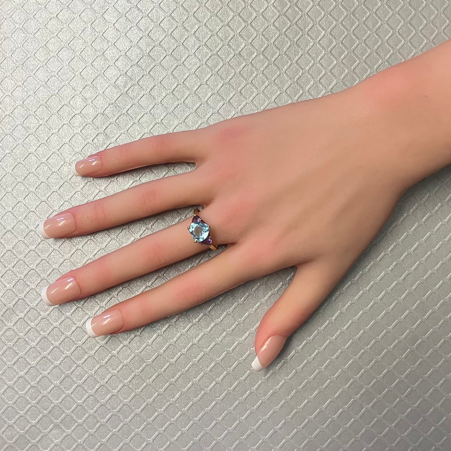 Preowned Yellow Gold Heart Shaped Blue Topaz and Amethyst Ring