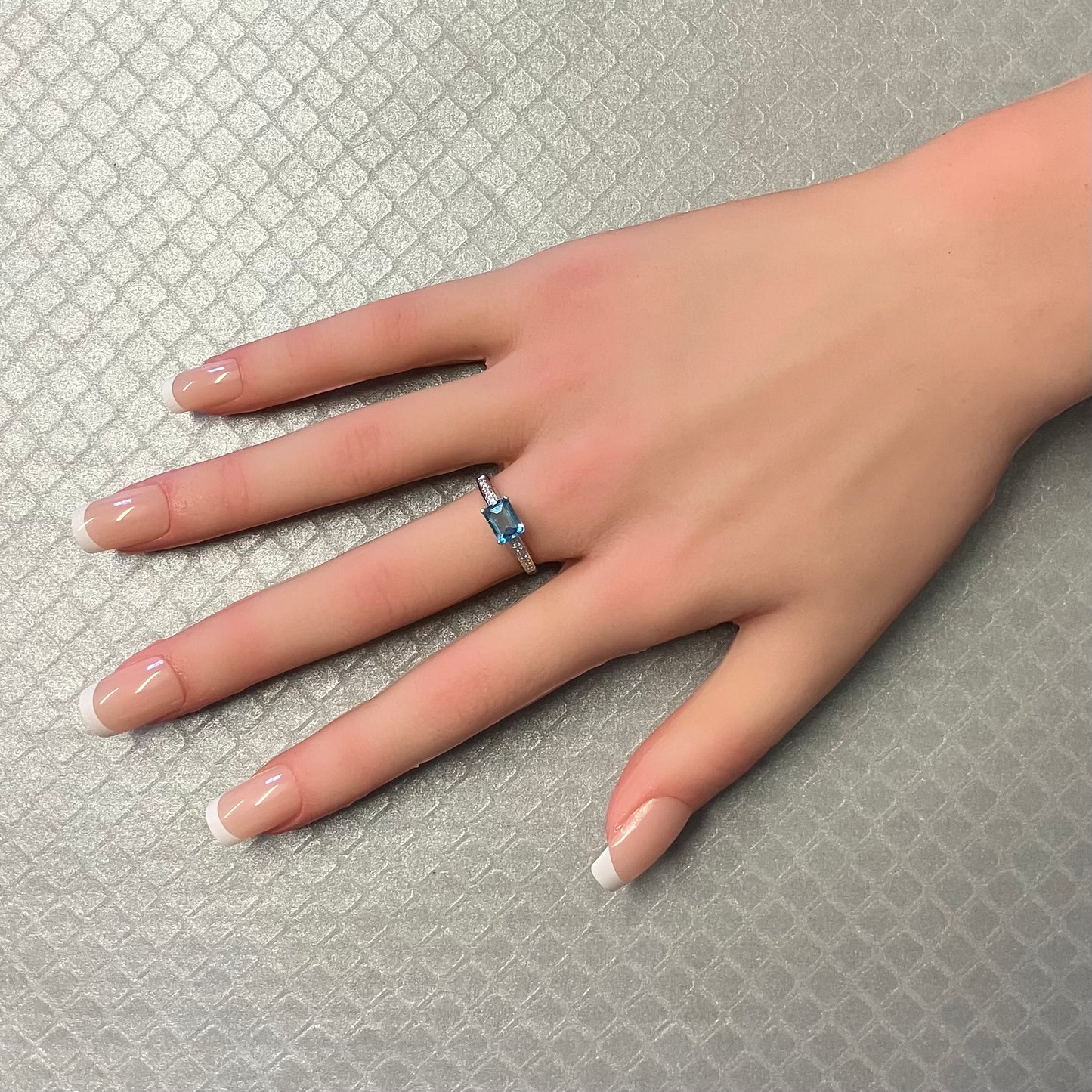 Preowned White Gold Emerald Cut Blue Topaz and Diamond Ring