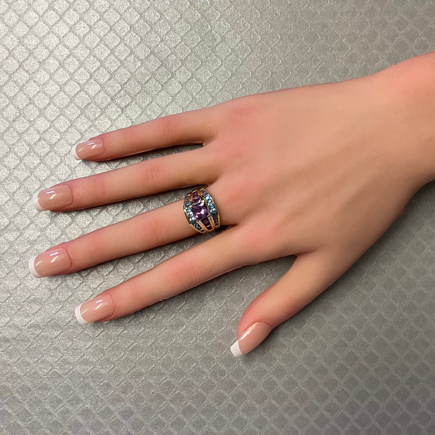 Preowned Yellow Gold Princess Cut Amethyst and Blue Topaz Ring