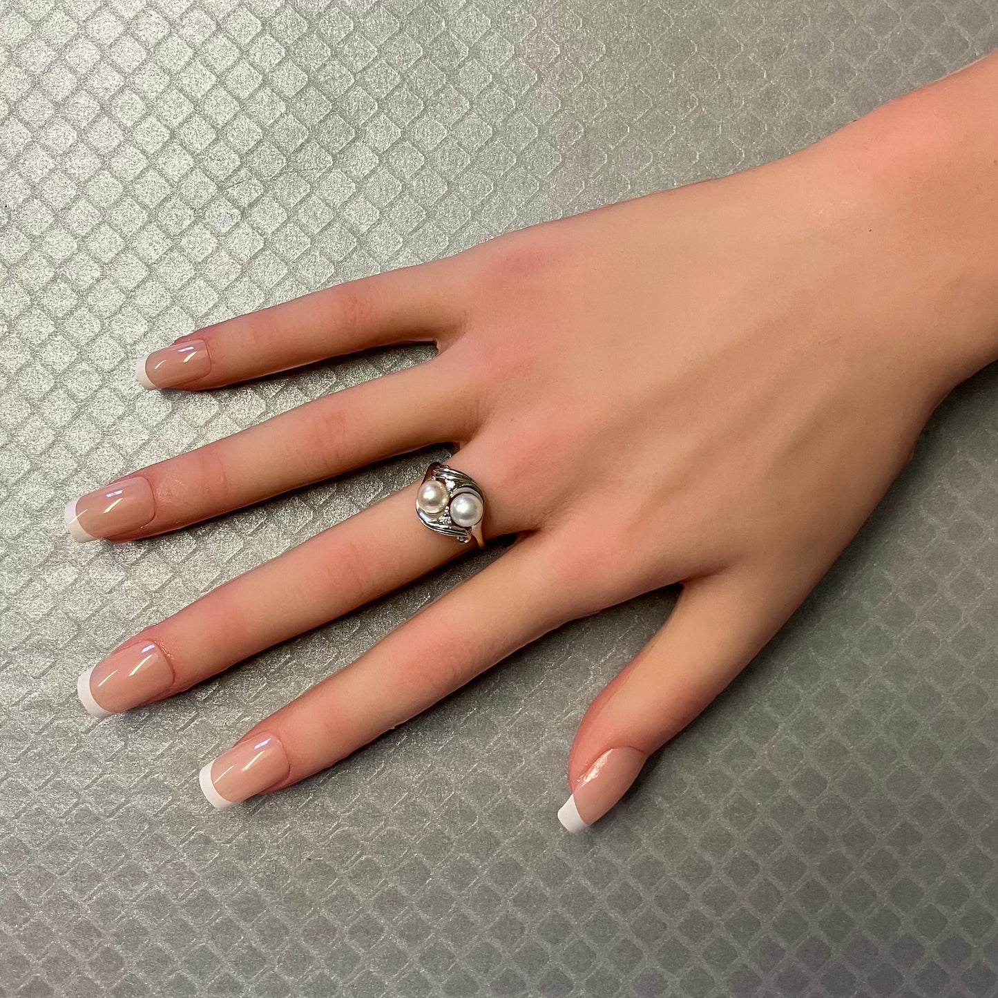 Preowned White Gold Pearl and Diamond Offset Ring