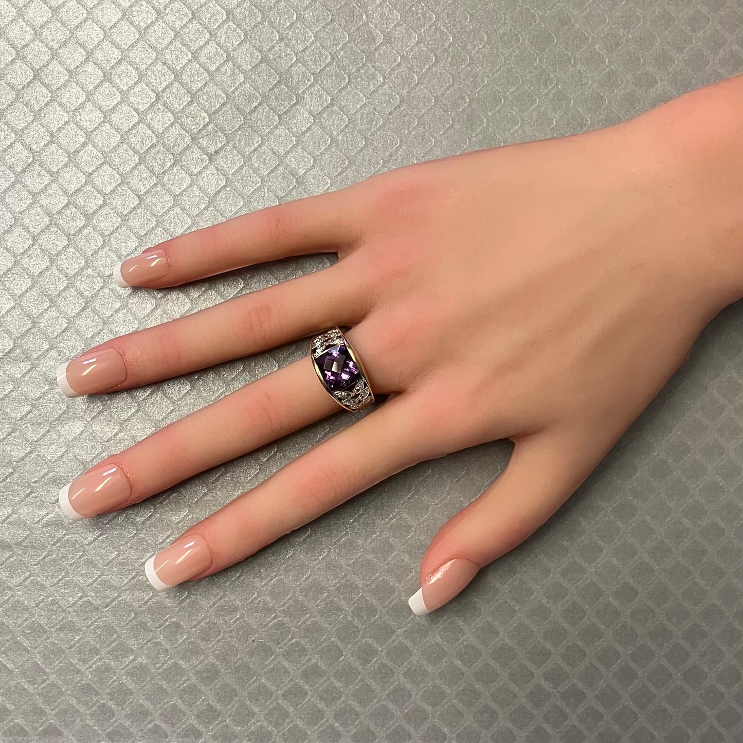 Preowned Yellow Gold Checkerboard Purple Garnet and Diamond Ring