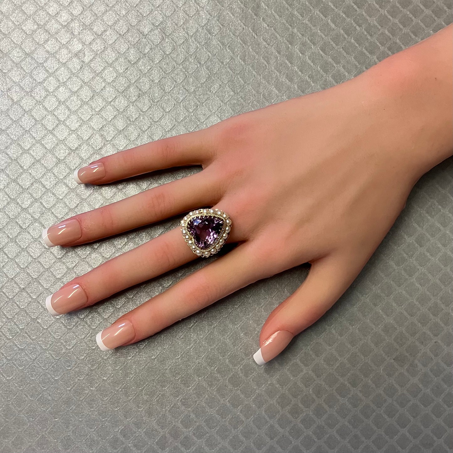 Preowned Yellow Gold Heart Shaped Amethyst and Pearl Ring