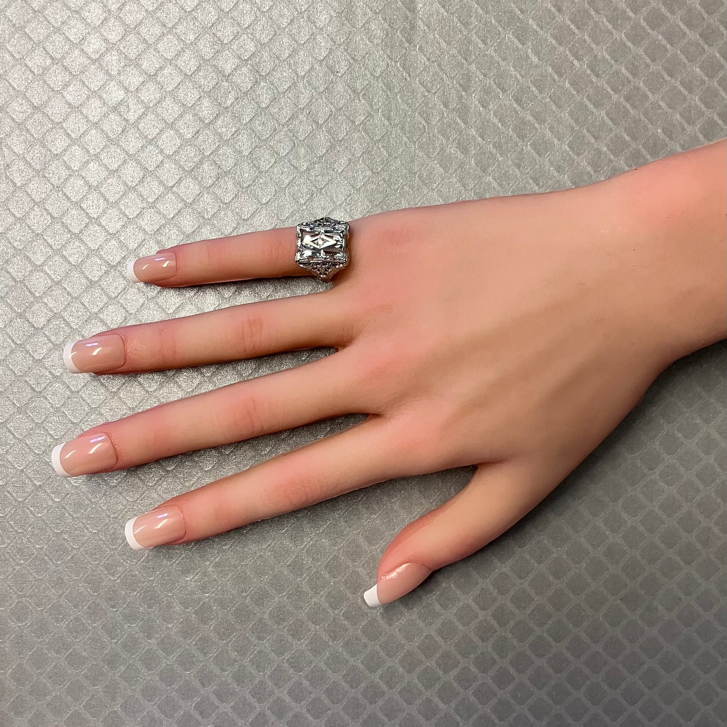Preowned White Gold Blue Glass and Diamond Filigree Ring