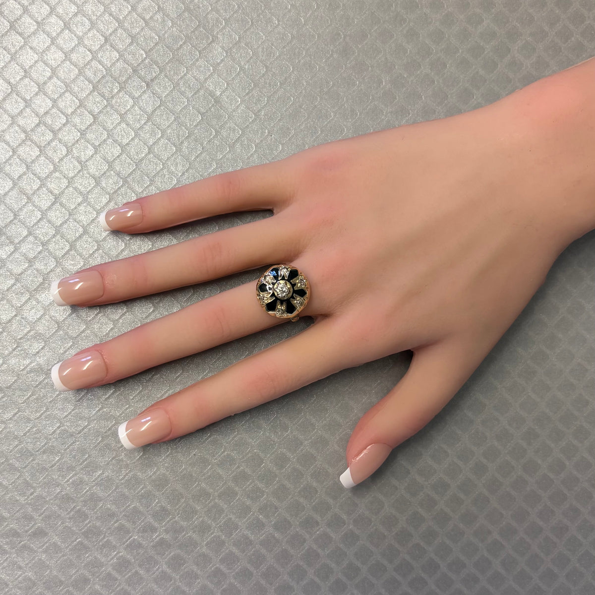 Preowned Yellow Gold Black Enamel and Old Cut Diamond Ring