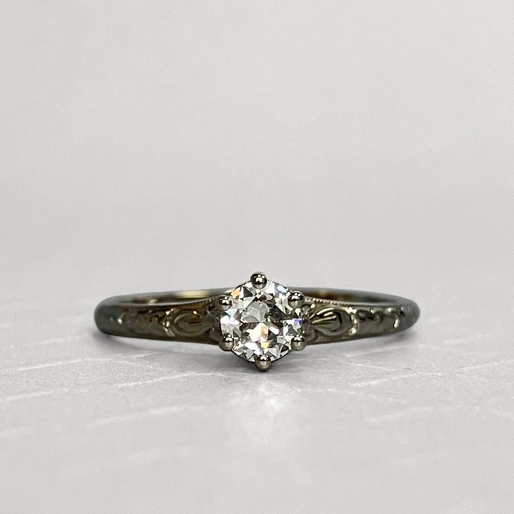 Preowned White Gold and Old European Cut Diamond Engraved Ring
