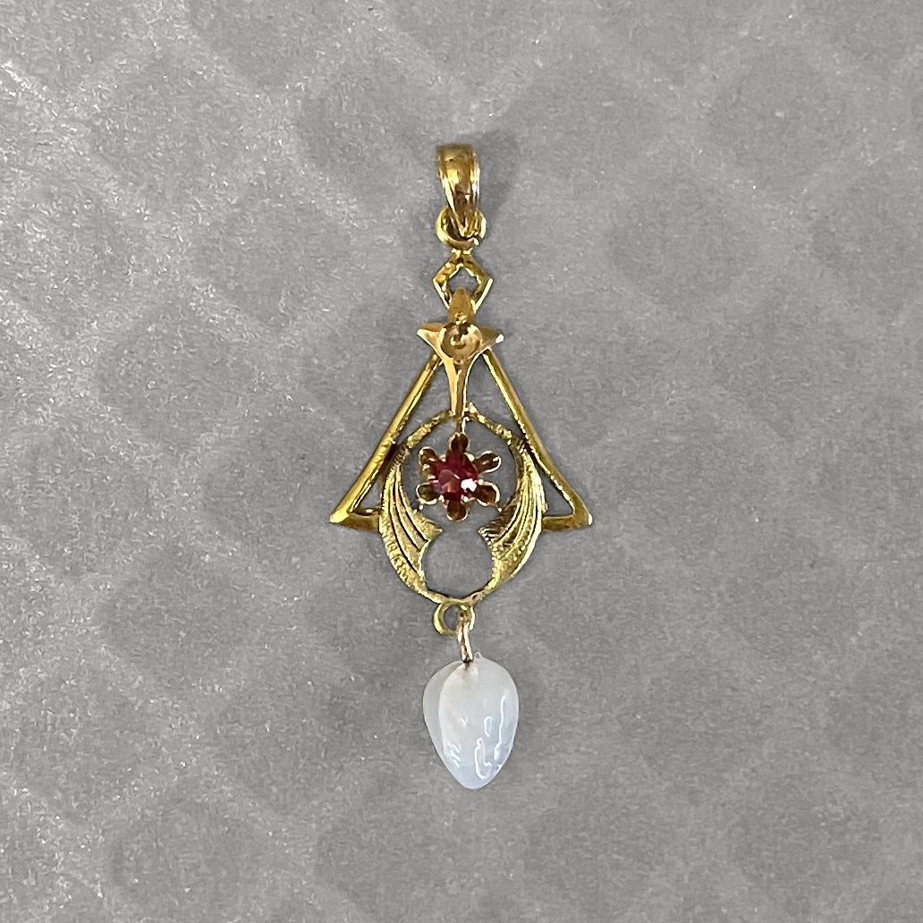 Preowned Yellow Gold Simulated Red Gemstone and Angel Wing Pearl Lavalier Pendant