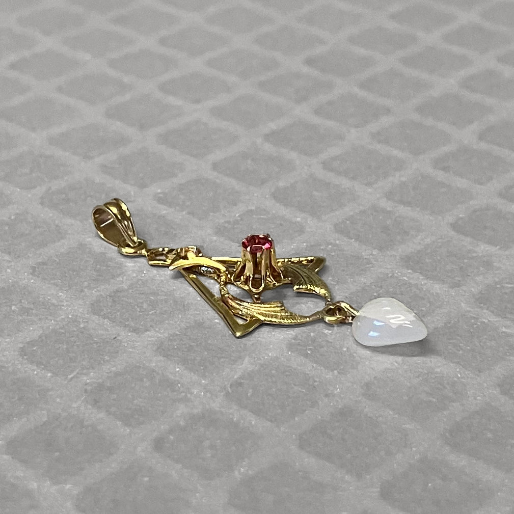Preowned Yellow Gold Simulated Red Gemstone and Angel Wing Pearl Lavalier Pendant