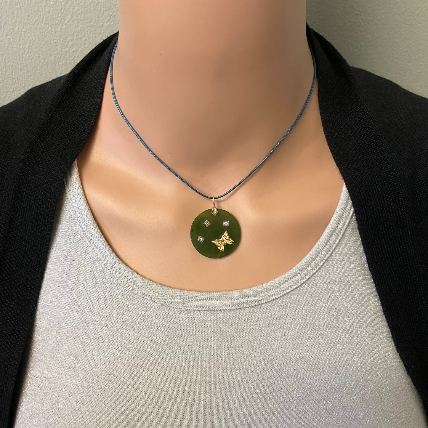 Preowned Yellow Gold Jade and Diamond Butterfly Disc Pendant