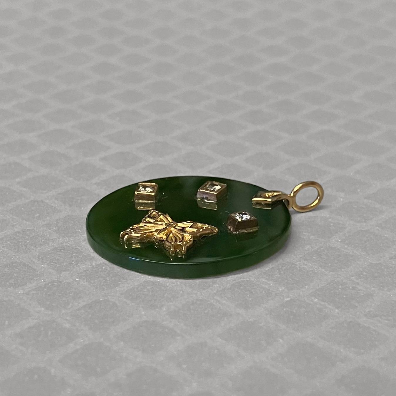 Preowned Yellow Gold Jade and Diamond Butterfly Disc Pendant