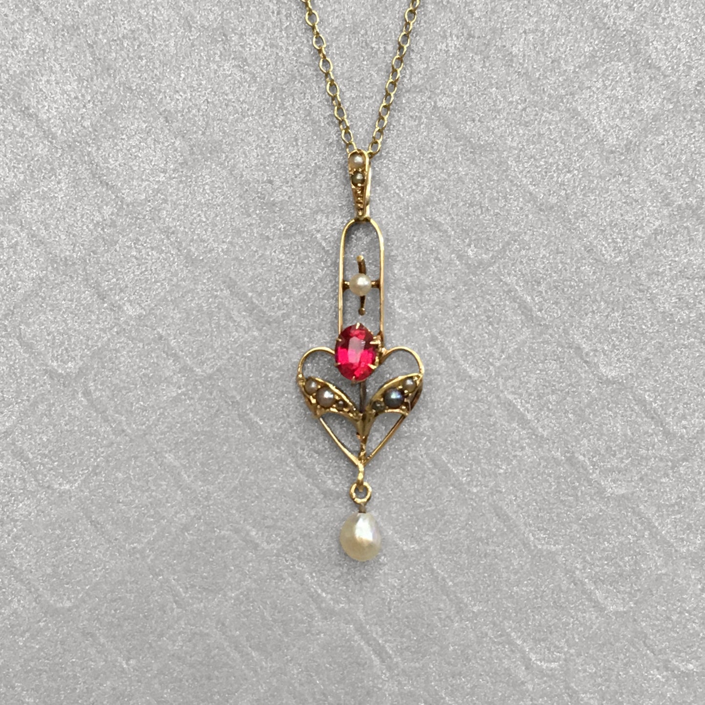 Preowned Yellow Gold Red Glass and Seed Pearl Pendant