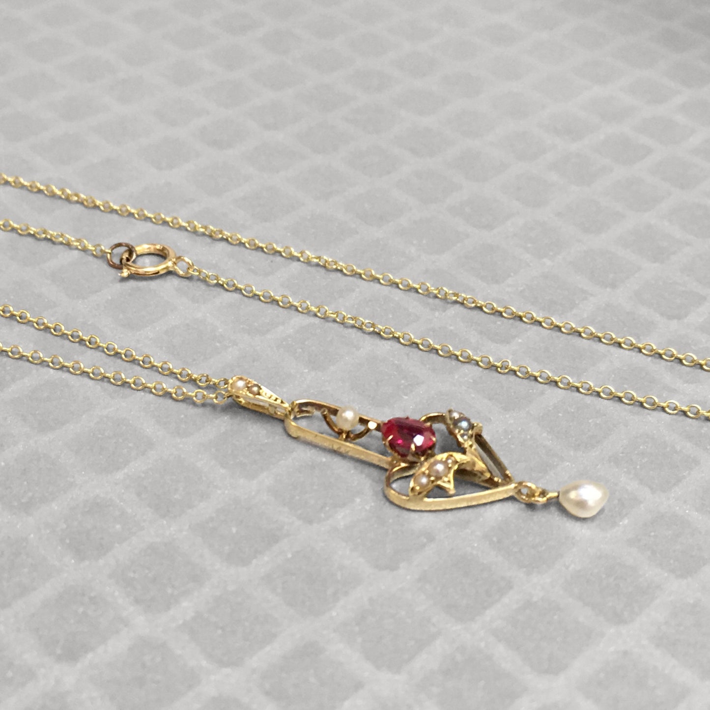 Preowned Yellow Gold Red Glass and Seed Pearl Pendant