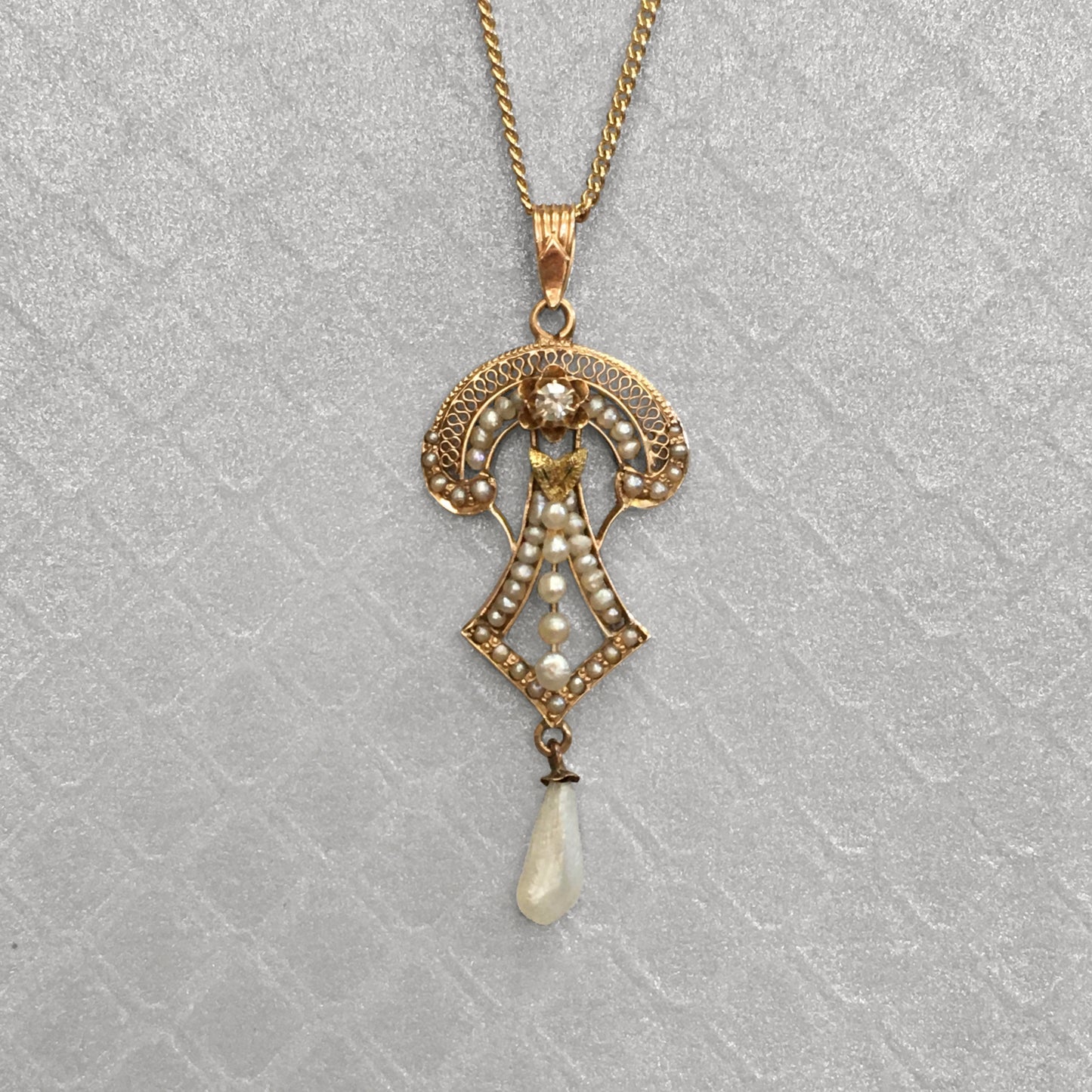 Preowned Yellow Gold Diamond and Seed Pearl Lavalier Pendant