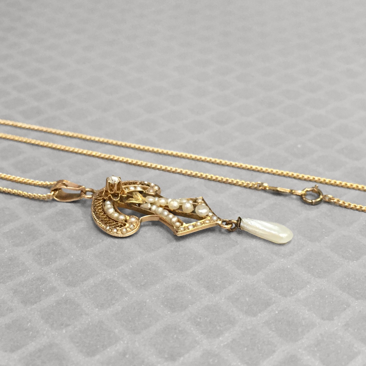 Preowned Yellow Gold Diamond and Seed Pearl Lavalier Pendant