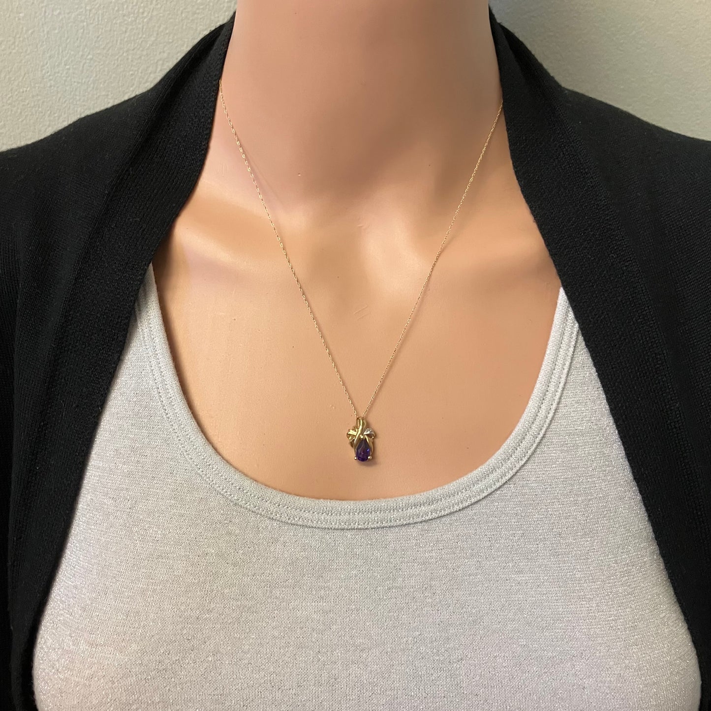 Preowned Yellow Gold Pear Shaped Amethyst and Diamond Pendant