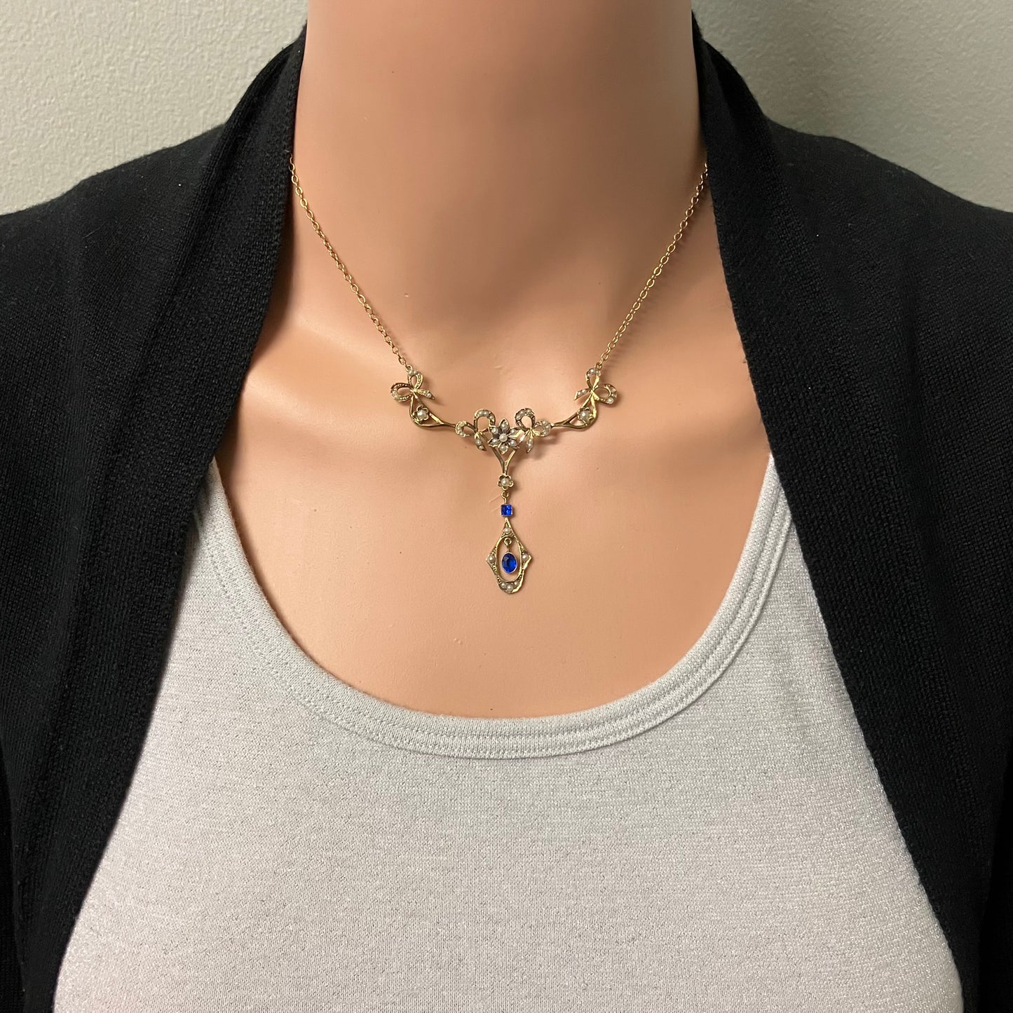 Preowned Yellow Gold Seed Pearl and Blue Glass Edwardian Necklace