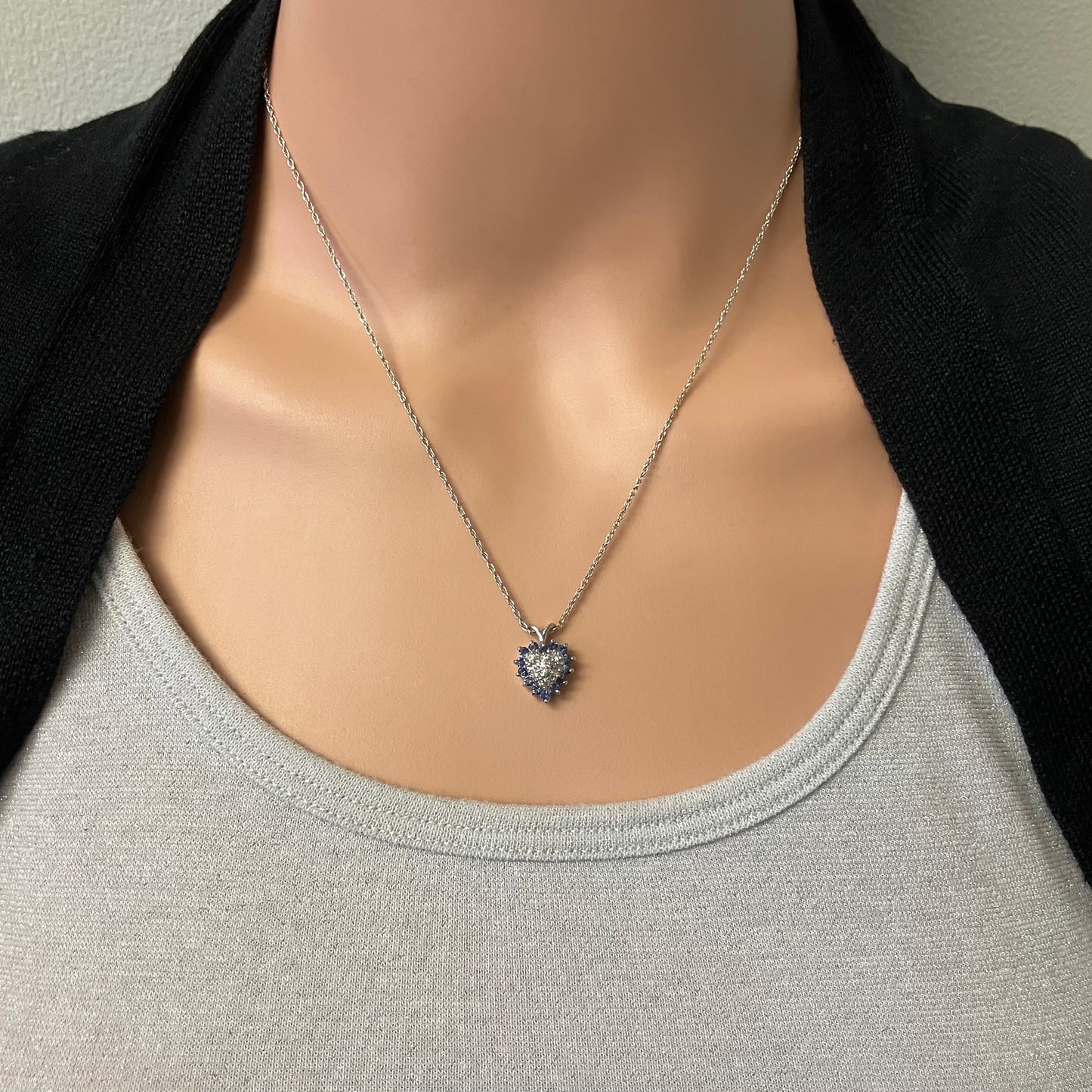 Preowned White Gold Blue Sapphire and Diamond Heart Pendant