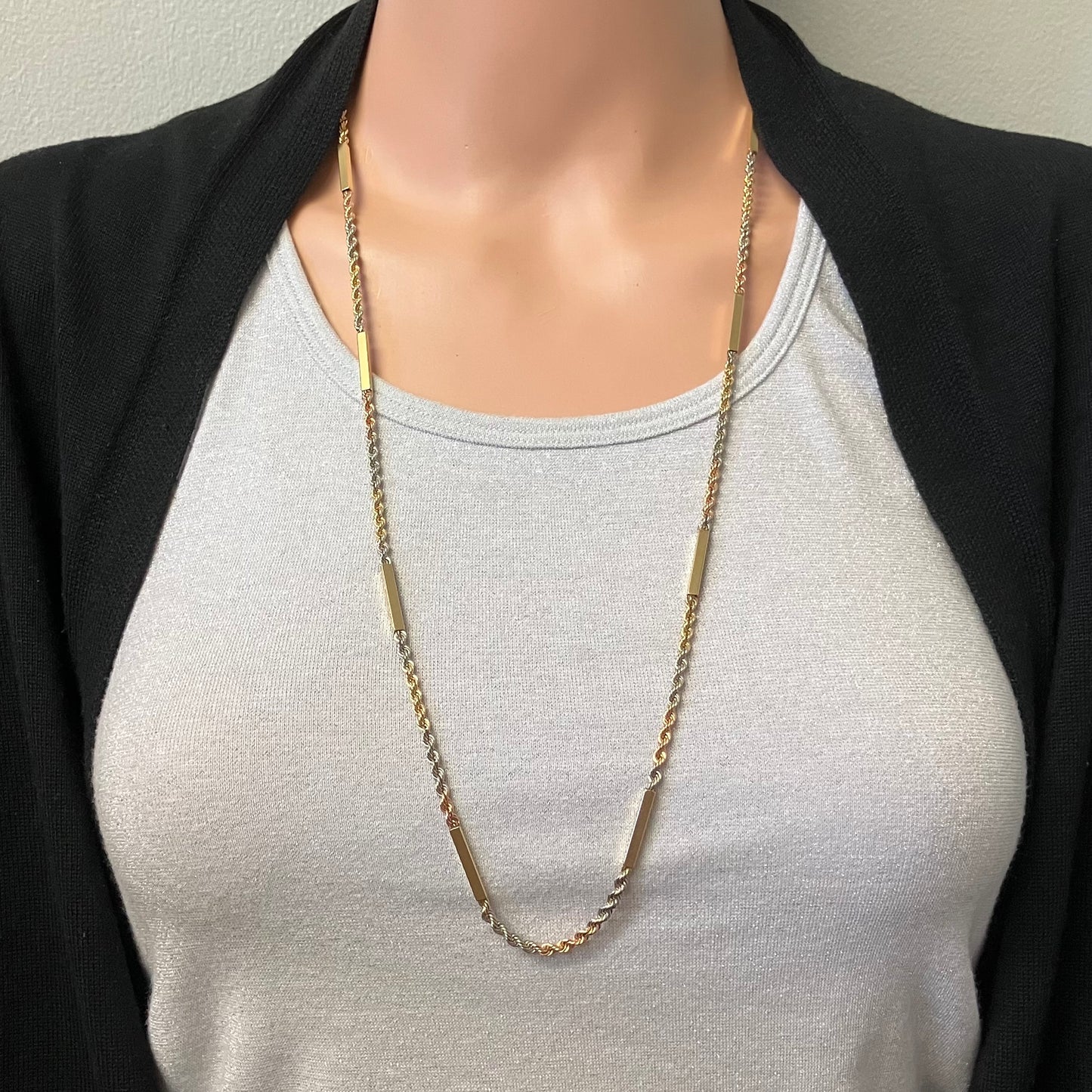 Preowned Tricolor Gold Solid Rope and Bar Chain