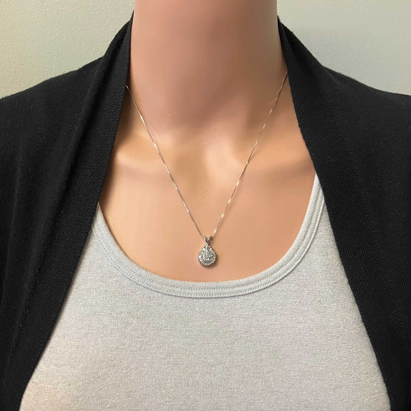 Preowned White Gold Round and Baguette Diamond Cluster Pendant