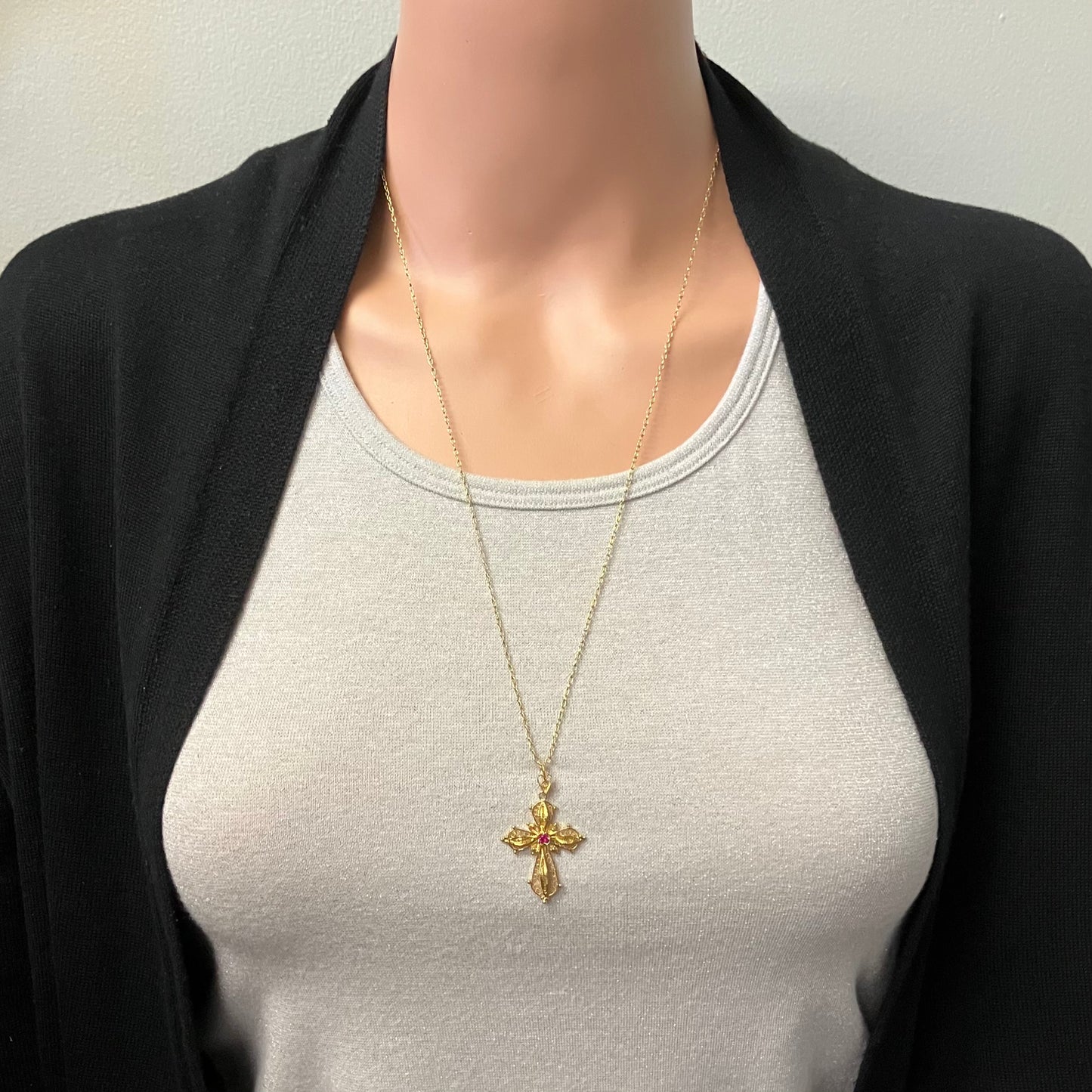 Preowned Yellow Gold and Simulated Pink Gemstone Filigree Cross Pendant