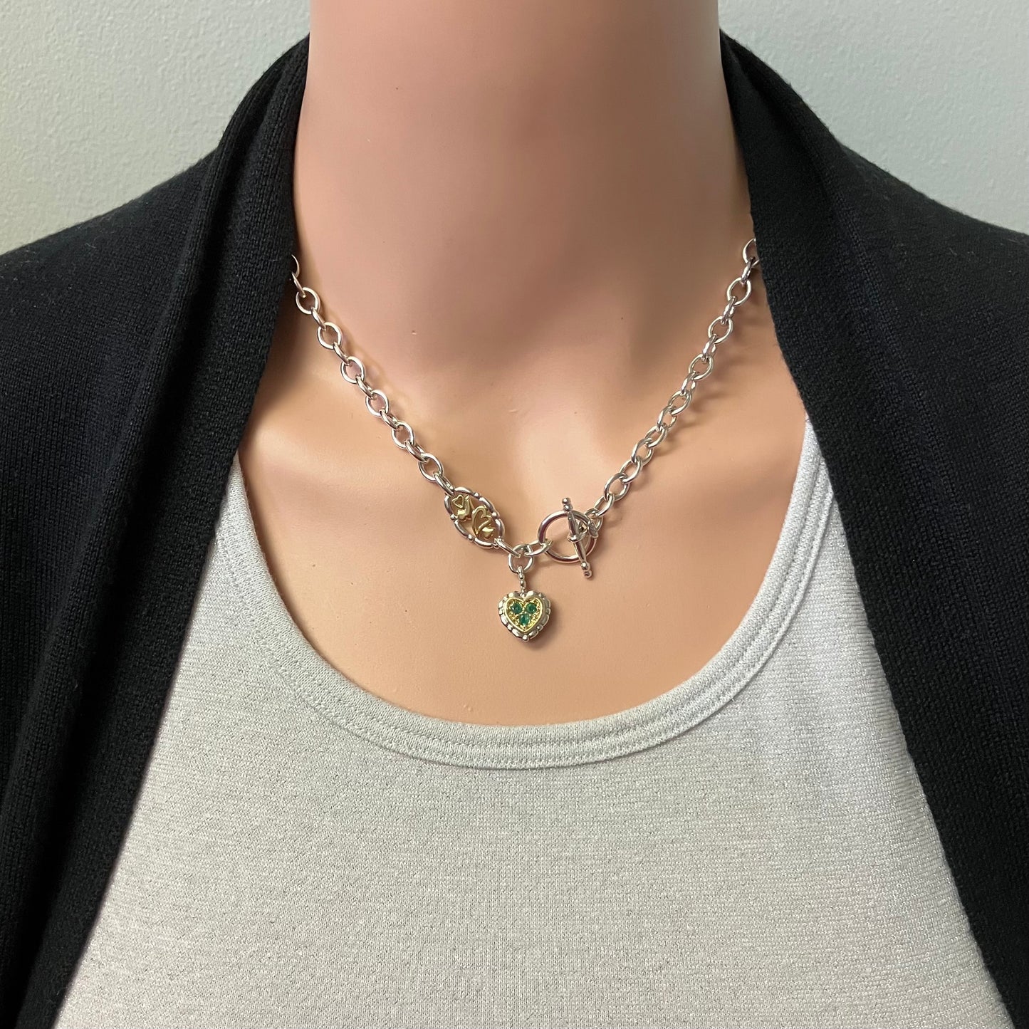 Preowned Sterling Silver and Yellow Gold Emerald Heart Toggle Necklace