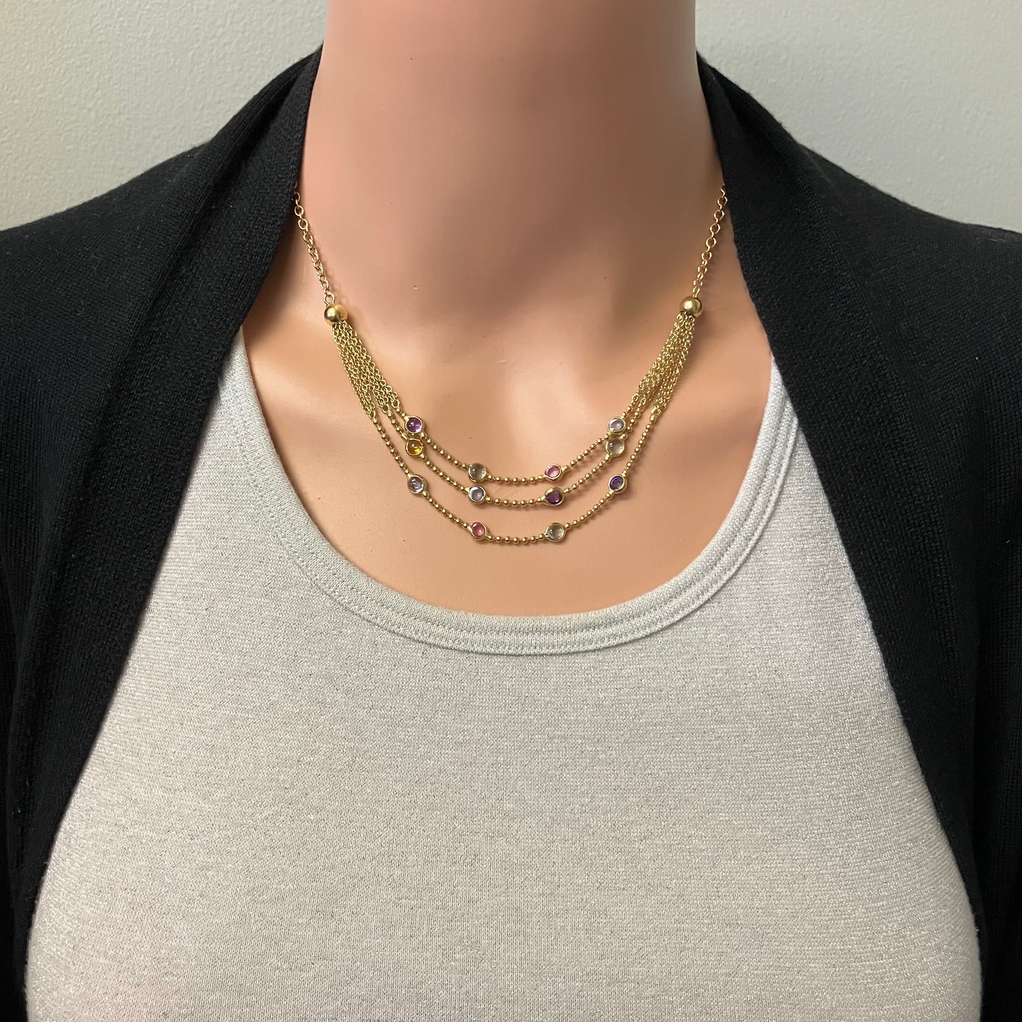 Preowned Yellow Gold Amethyst, Blue Topaz, Pink Tourmaline and Citrine Cabochon Necklace