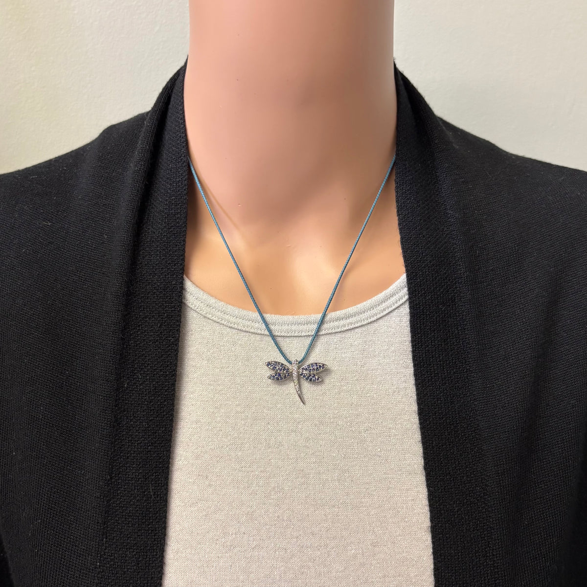 Preowned White Gold Blue Sapphire and Diamond Dragonfly Pendant