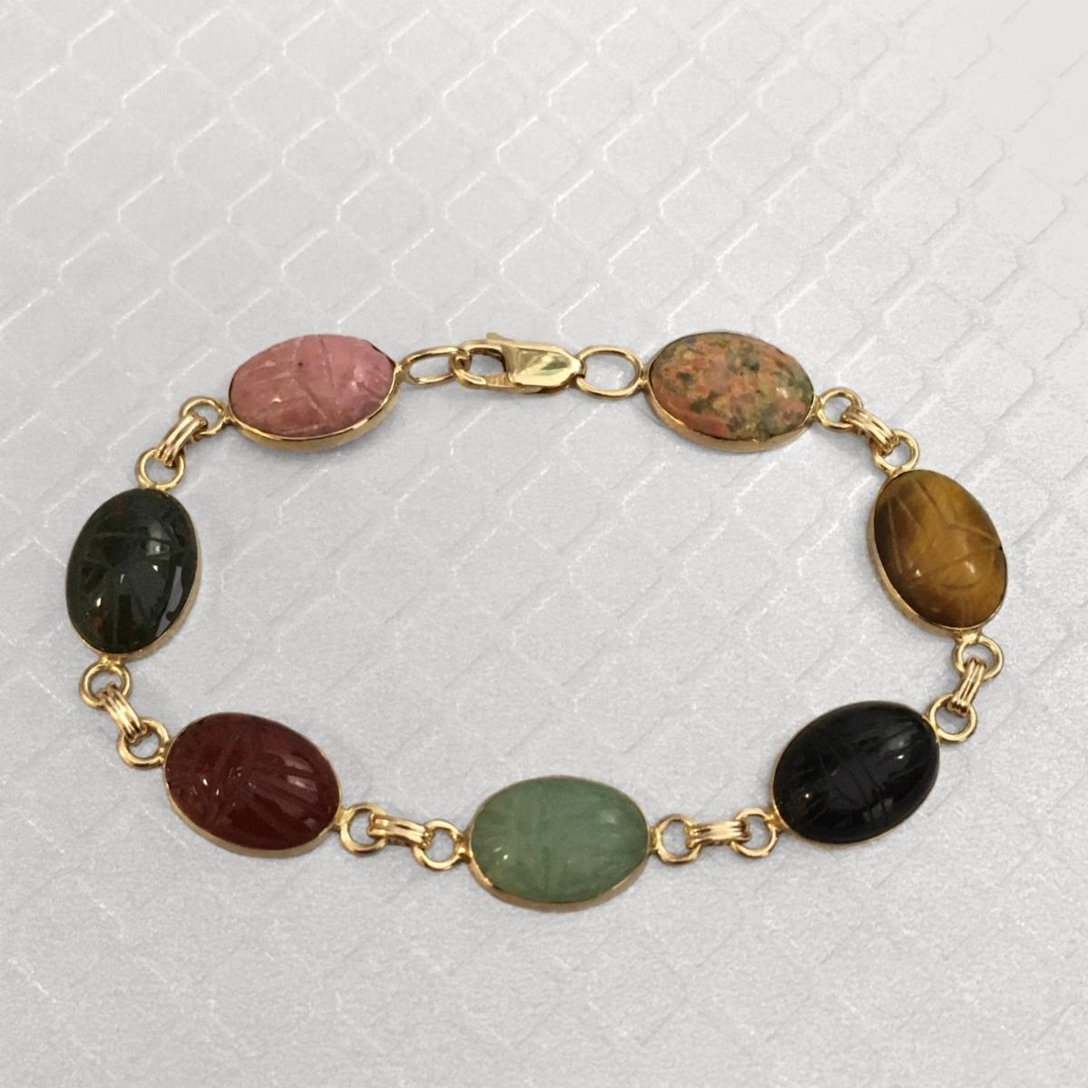 Preowned Yellow Gold and Carved Gemstone Scarab Beetle Bracelet