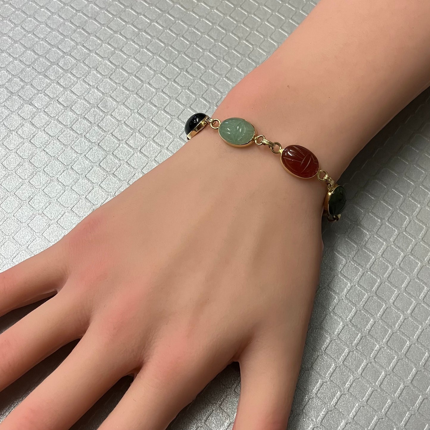 Preowned Yellow Gold and Carved Gemstone Scarab Beetle Bracelet