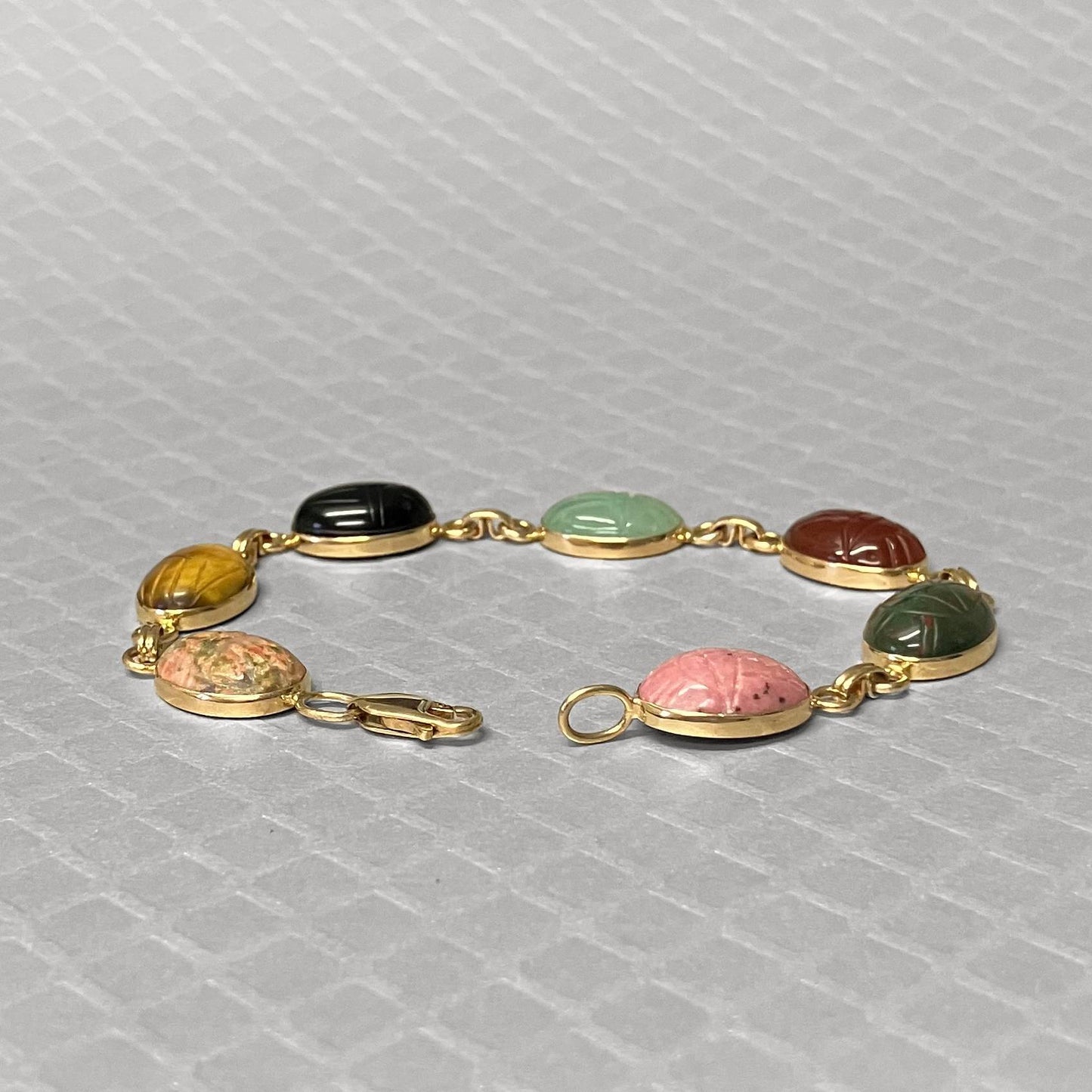 Preowned Yellow Gold and Carved Gemstone Scarab Beetle Bracelet