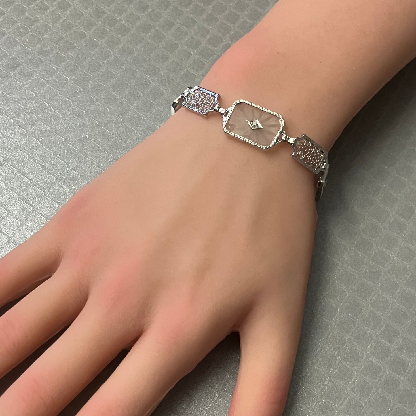 Preowned White Gold Camphor Glass and Diamond Filigree Bracelet