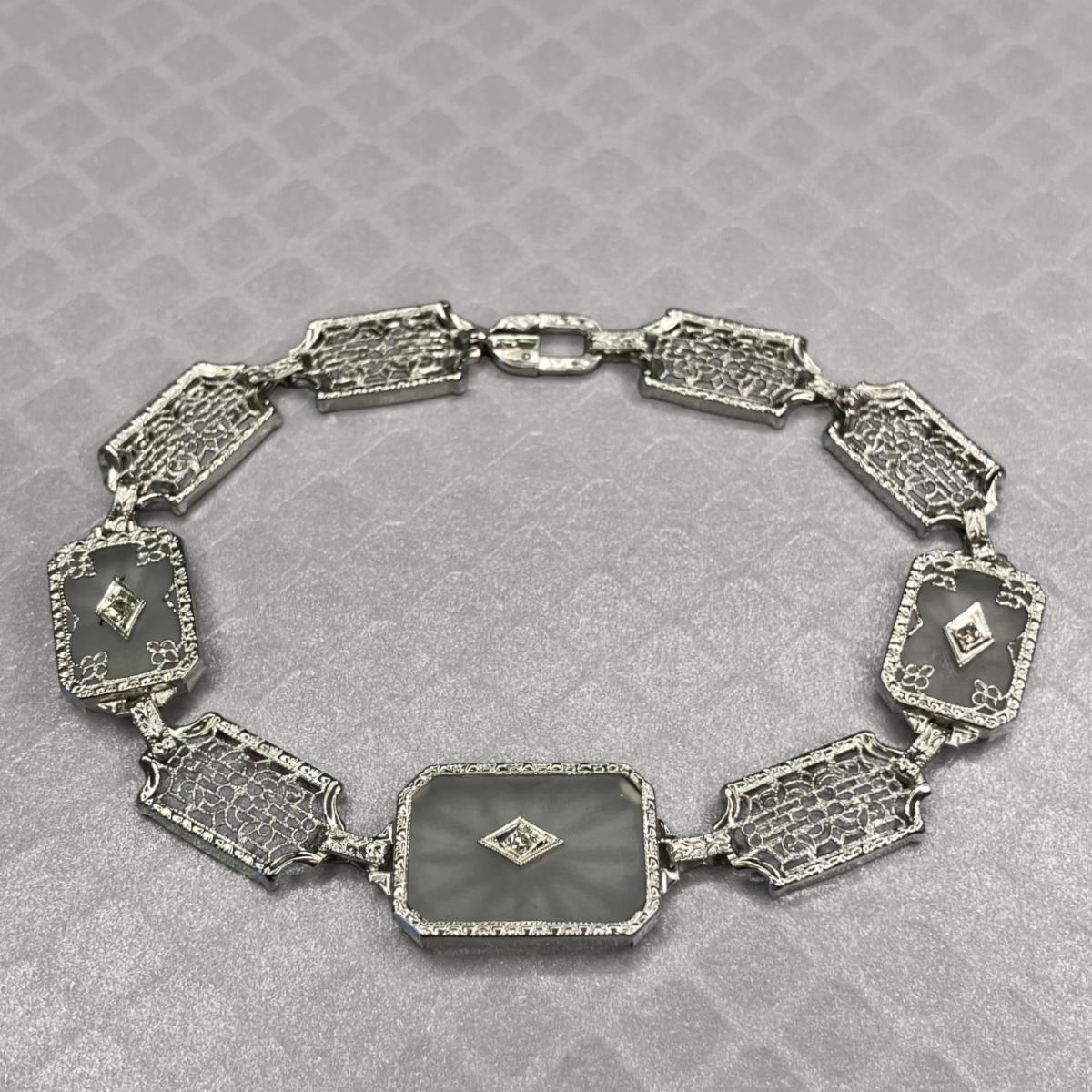 Preowned White Gold Camphor Glass and Diamond Filigree Bracelet