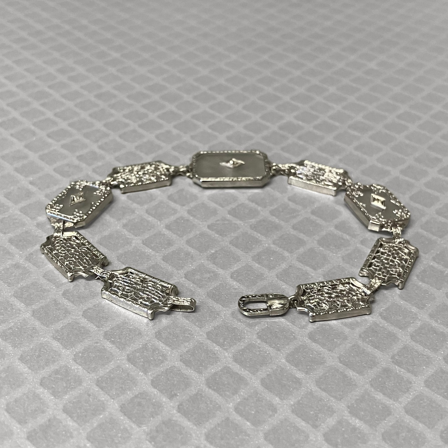 Preowned White Gold Camphor Glass and Diamond Filigree Bracelet
