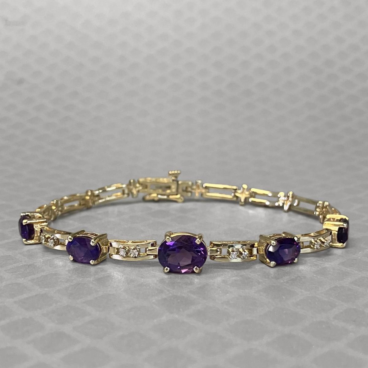 Preowned Yellow Gold Amethyst and Diamond Link Bracelet