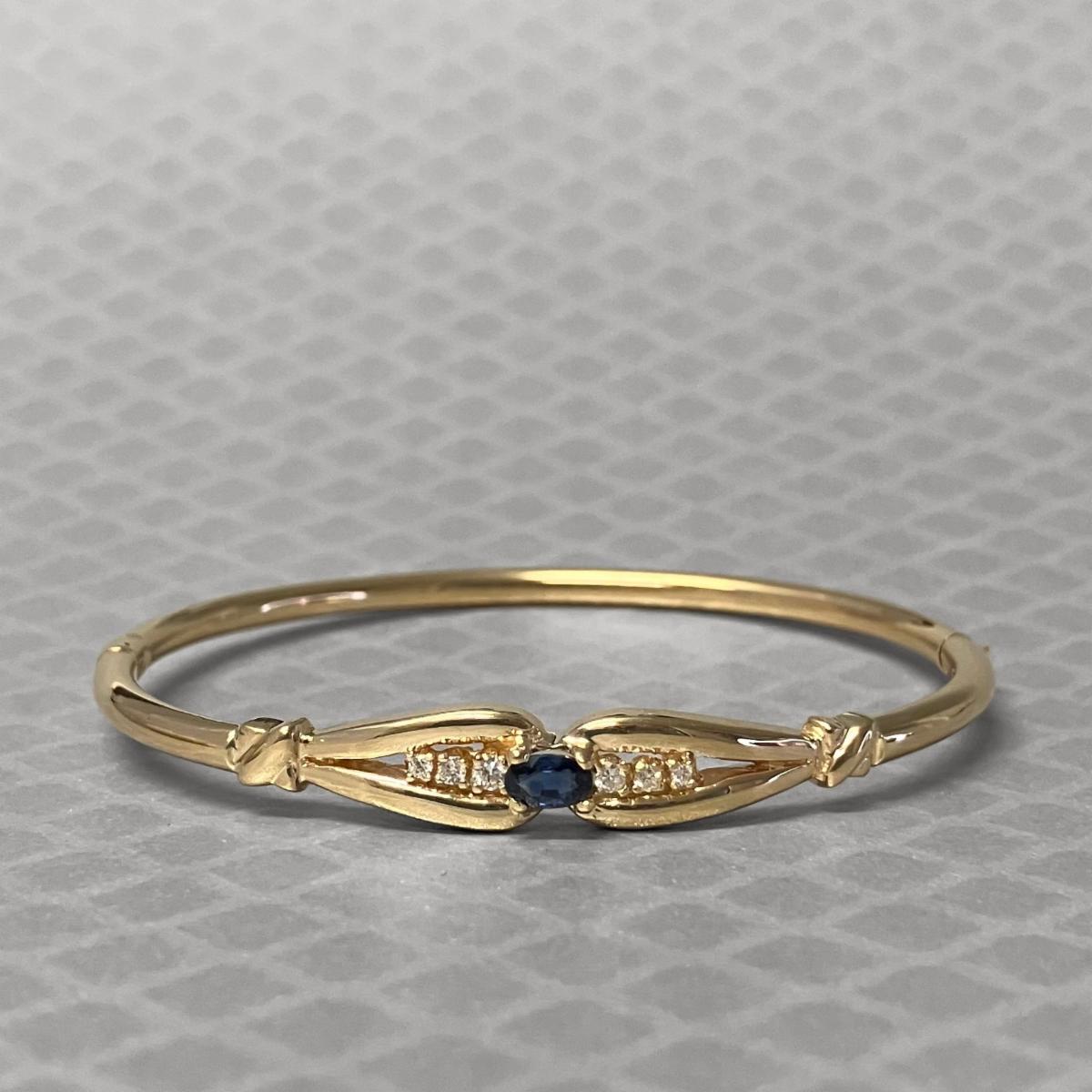 Preowned Yellow Gold Blue Sapphire and Diamond Bangle Bracelet