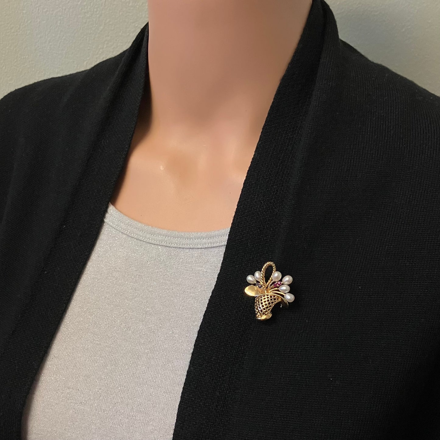 Preowned Yellow Gold Freshwater Cultured Pearl, Ruby and Sapphire Basket Brooch