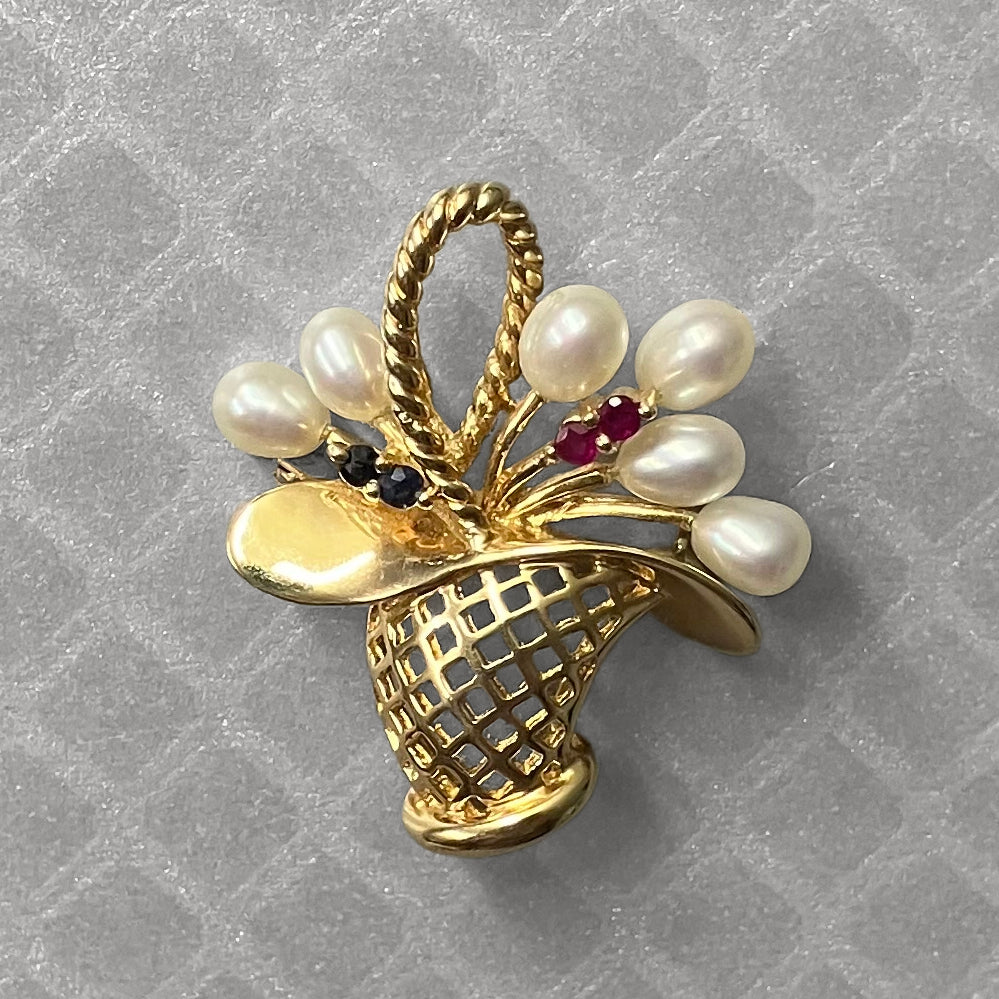 Preowned Yellow Gold Freshwater Cultured Pearl, Ruby and Sapphire Basket Brooch