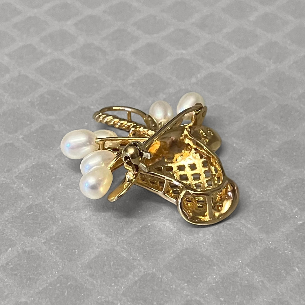 Preowned Yellow Gold Freshwater Cultured Pearl, Ruby and Sapphire Basket Brooch