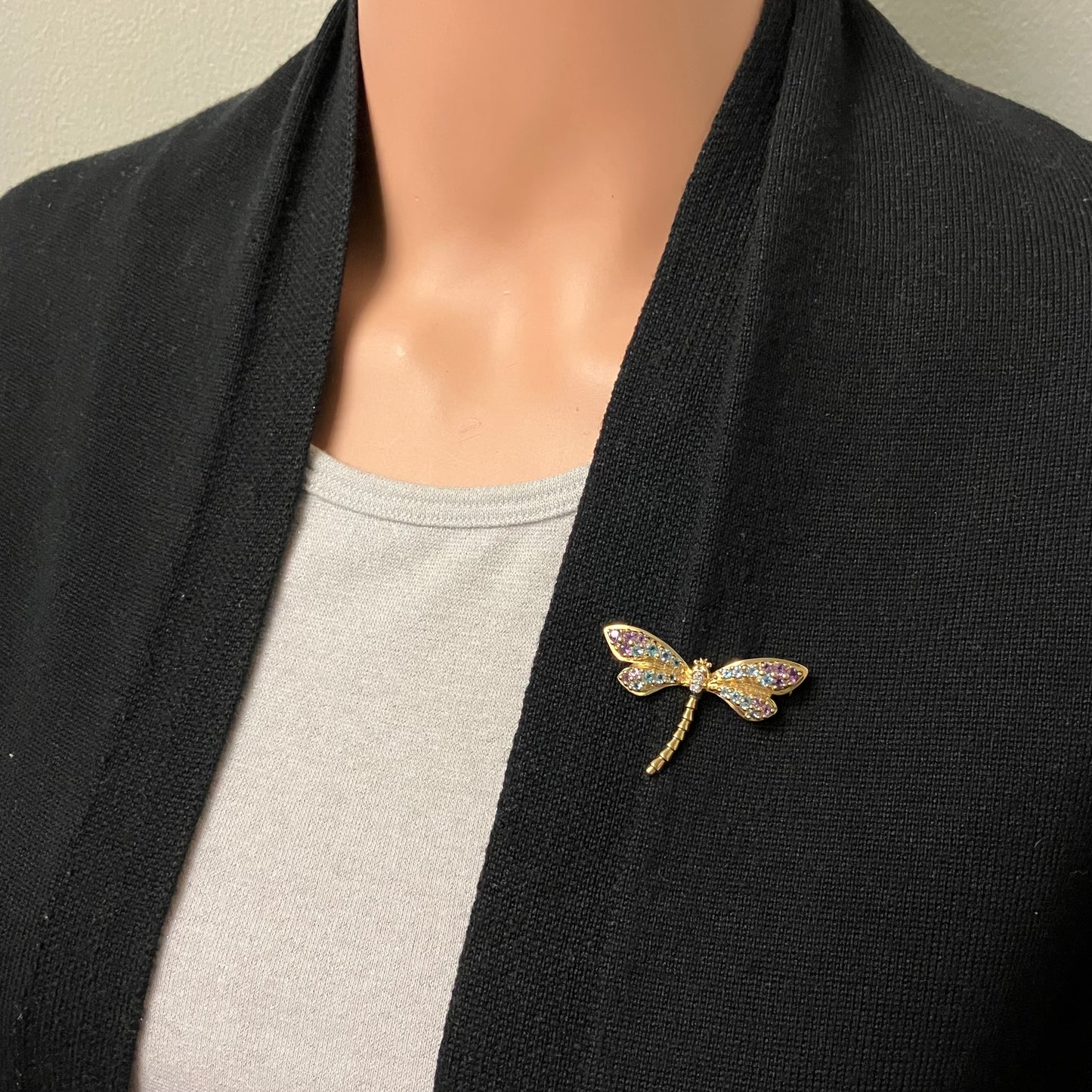 Preowned Yellow Gold Blue Topaz, Amethyst and Diamond Dragonfly Brooch