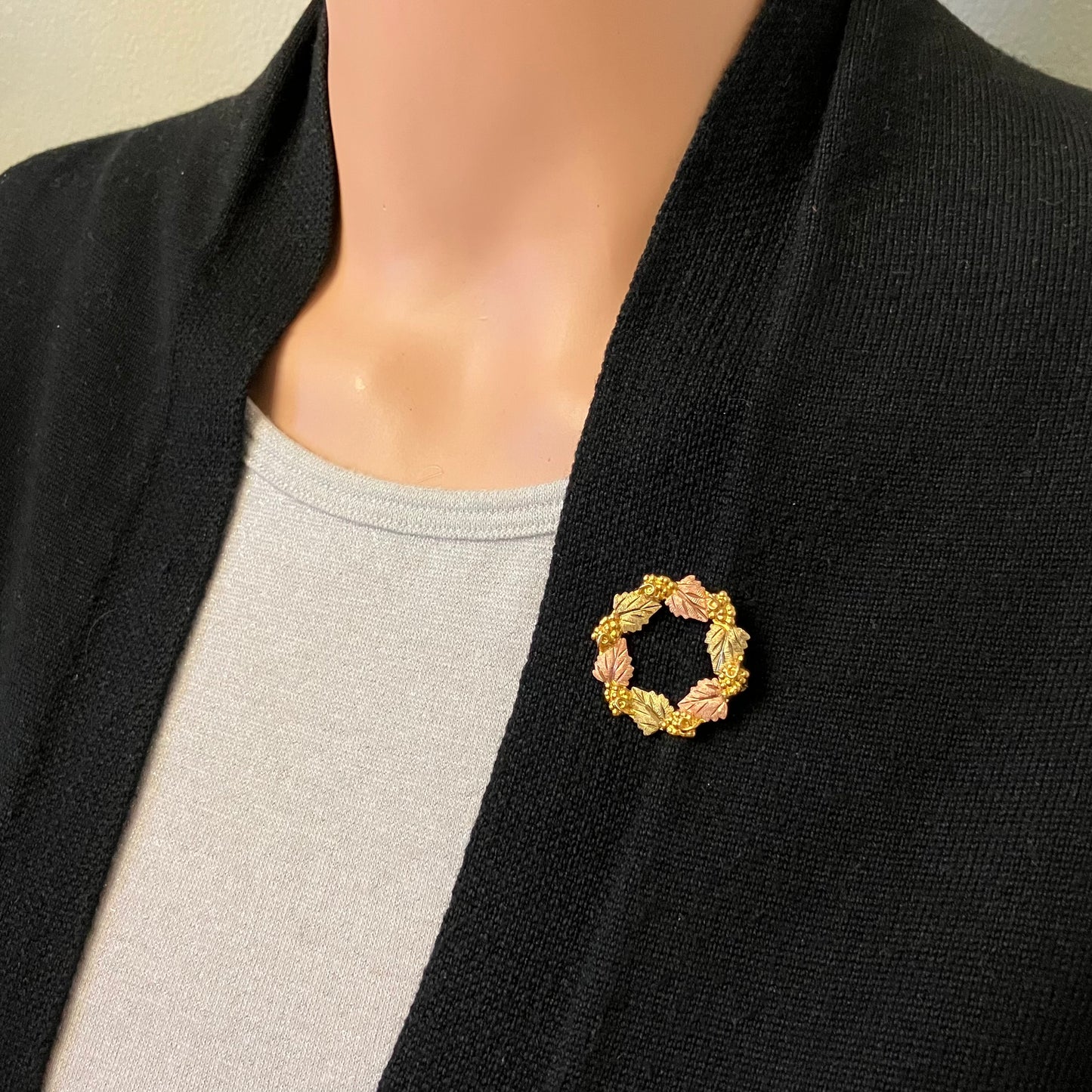 Preowned Rose, Green and Yellow Gold Black Hills Gold Grape Leaf Brooch