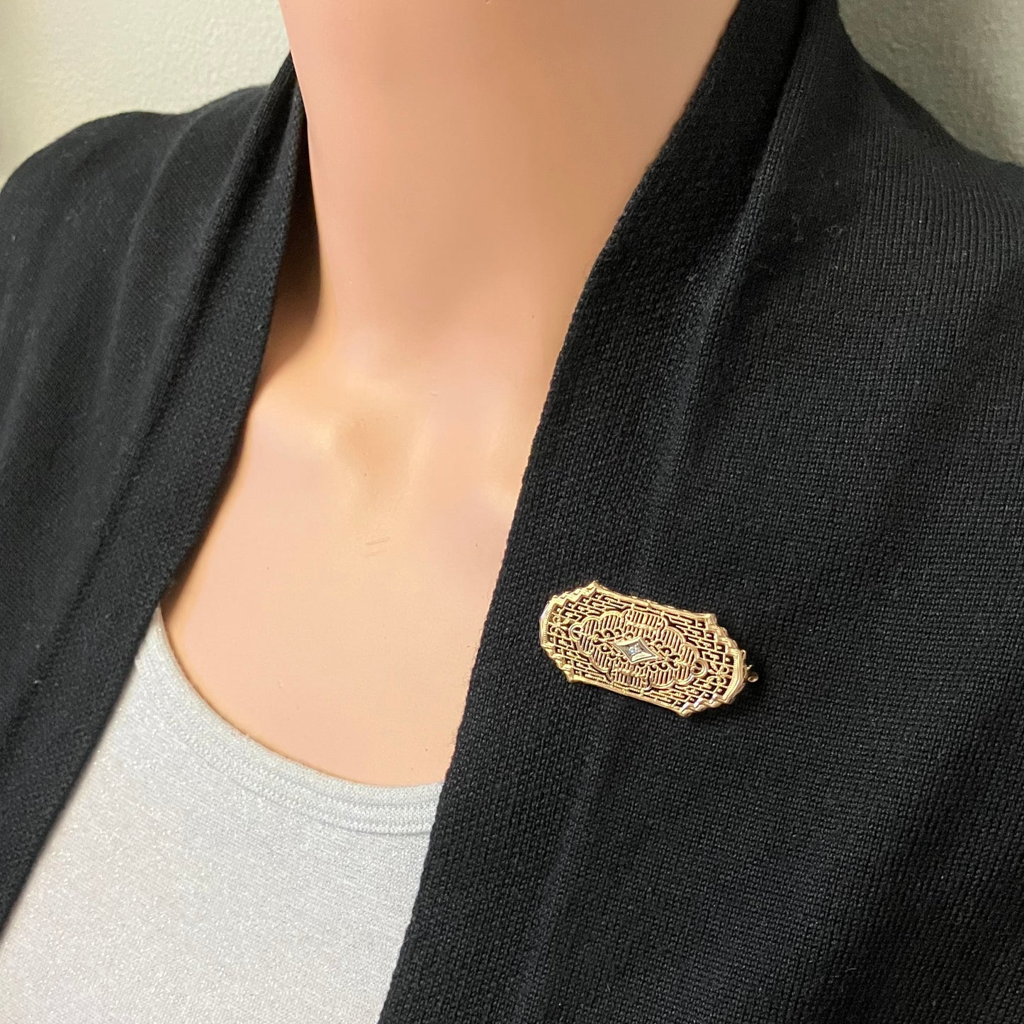 Preowned Yellow Gold and Diamond Filigree Brooch