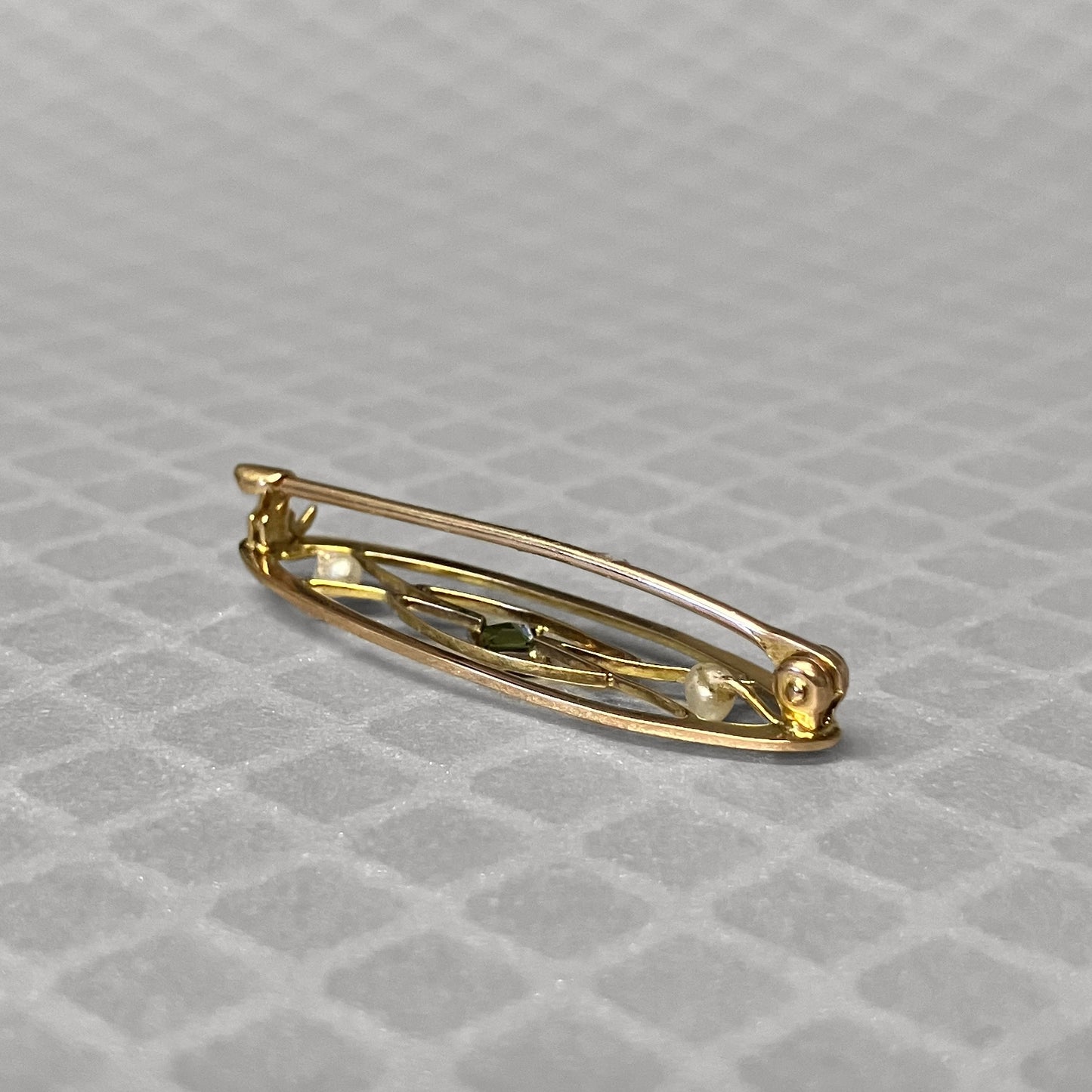 Preowned Yellow Gold Green Tourmaline and Seed Pearl Krementz Brooch
