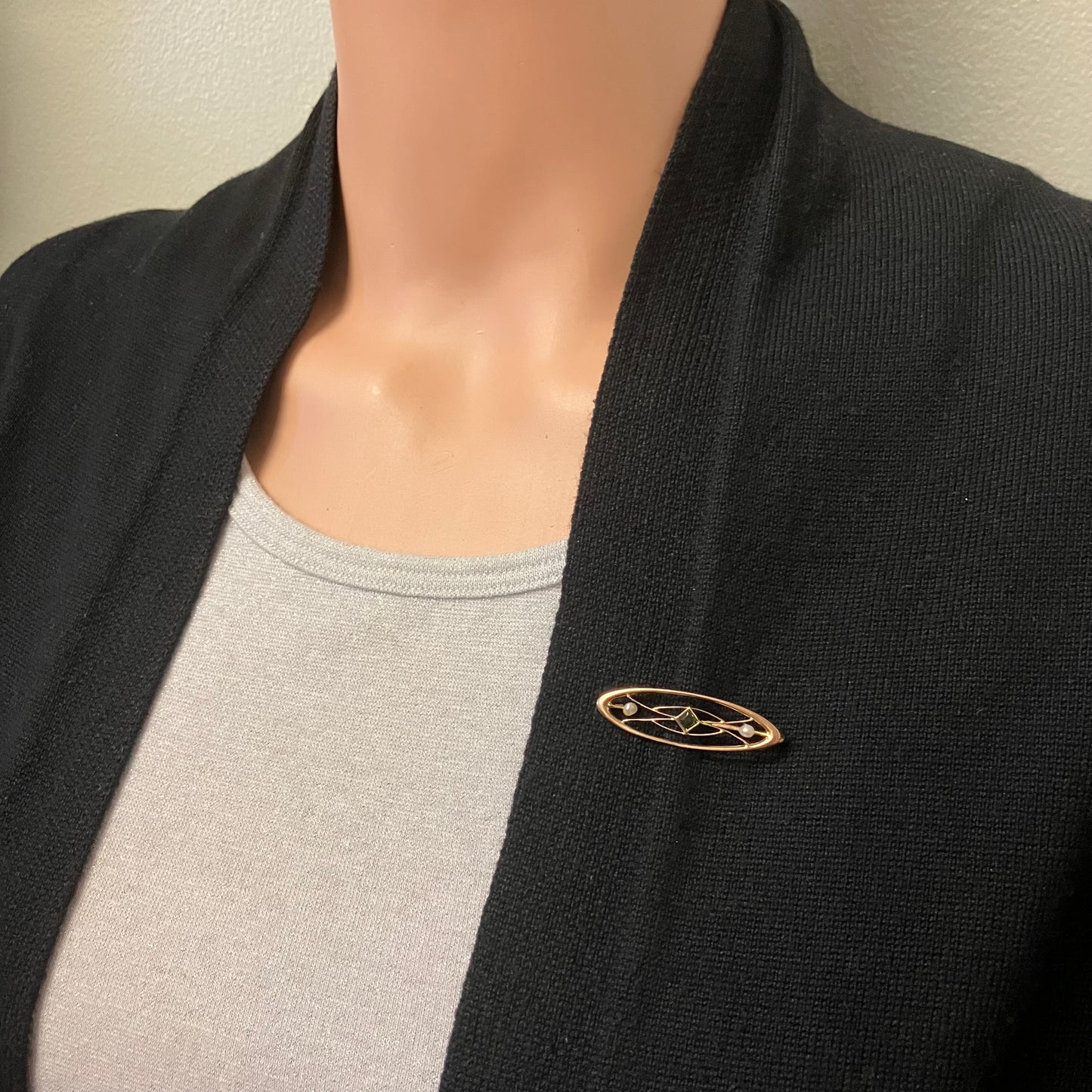 Preowned Yellow Gold Green Tourmaline and Seed Pearl Krementz Brooch