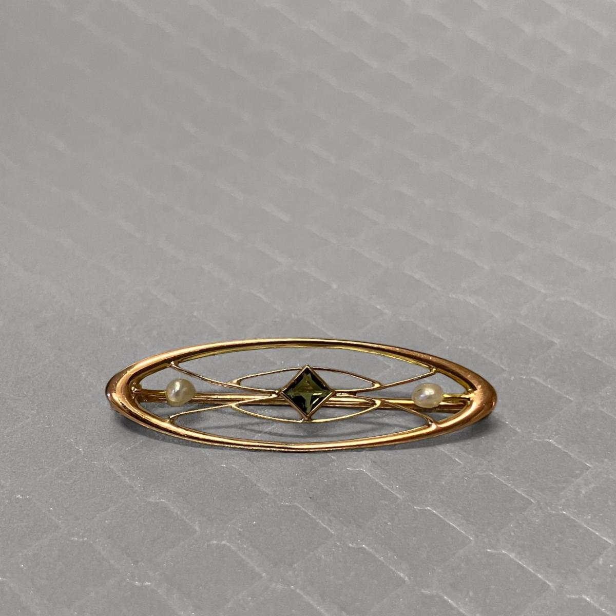 Preowned Yellow Gold Green Tourmaline and Seed Pearl Krementz Brooch